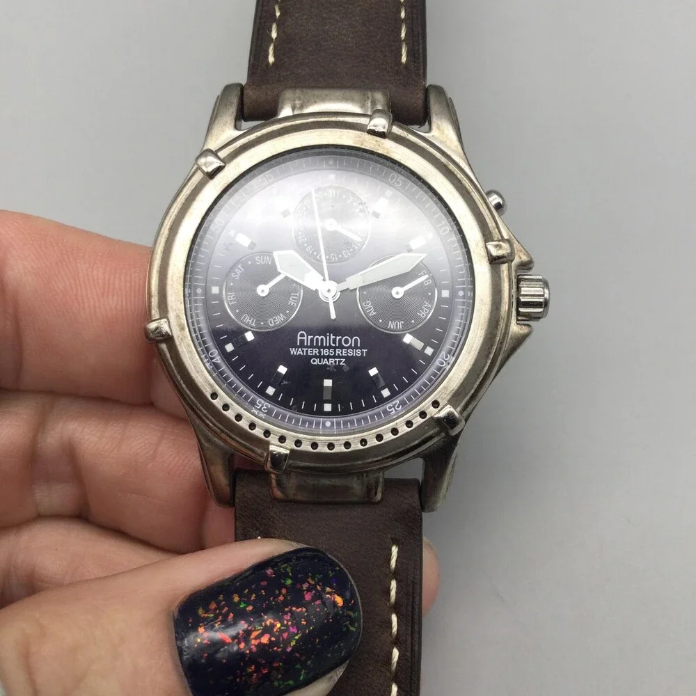 Armitron Mens Watch 38mm Black Dial Brown Leather Triple Calendar New Battery